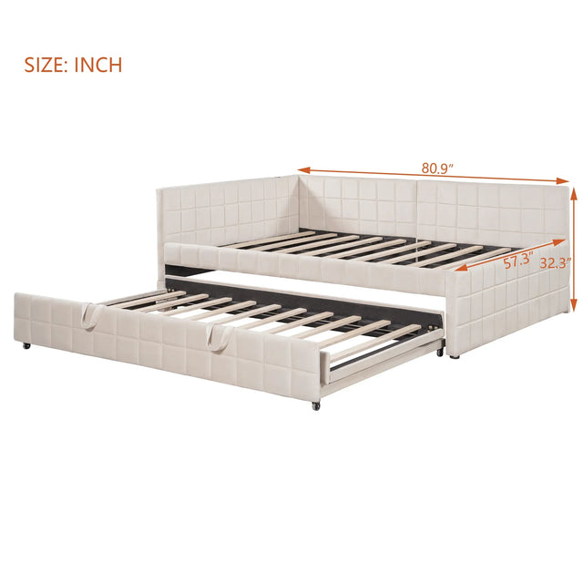 Full Upholstered L-Shaped Daybed With Twin Trundle and USB Ports - Omega Lifestyles