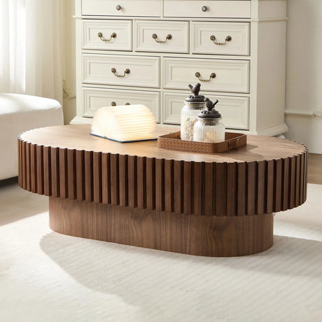 Modern Oval Walnut MDF Pedestal Coffee Table 44-Inch - Omega Lifestyles