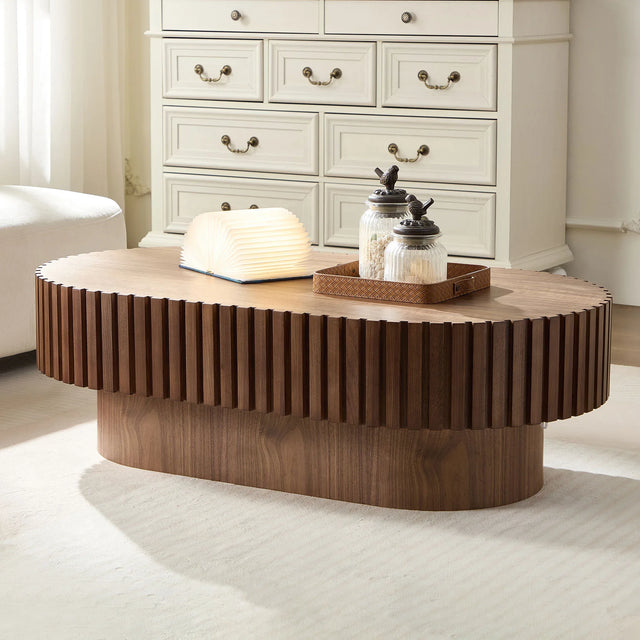 Modern Oval Walnut MDF Pedestal Coffee Table 44-Inch - Omega Lifestyles