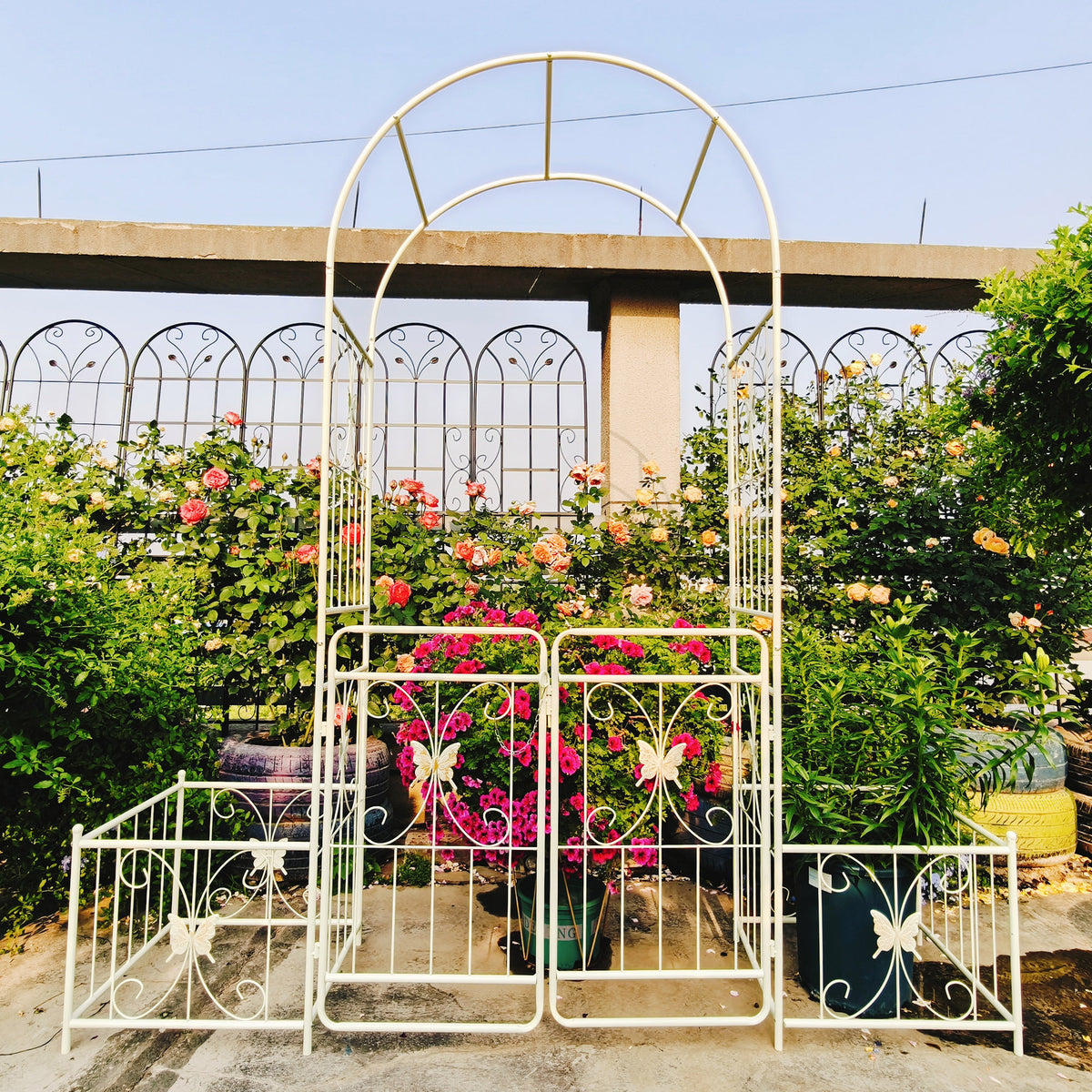 French Creamy White Iron Garden Arch With Double Gate