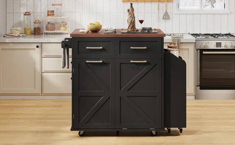 Farmhouse MDF Kitchen Island With Drop Leaf And Storage - Omega Lifestyles