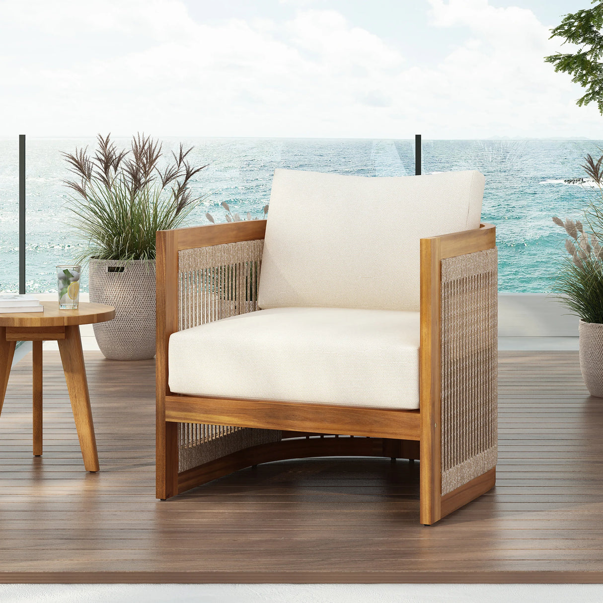 Premium Acacia Wood Outdoor Tub Club Chair With Cushions - Omega Lifestyles