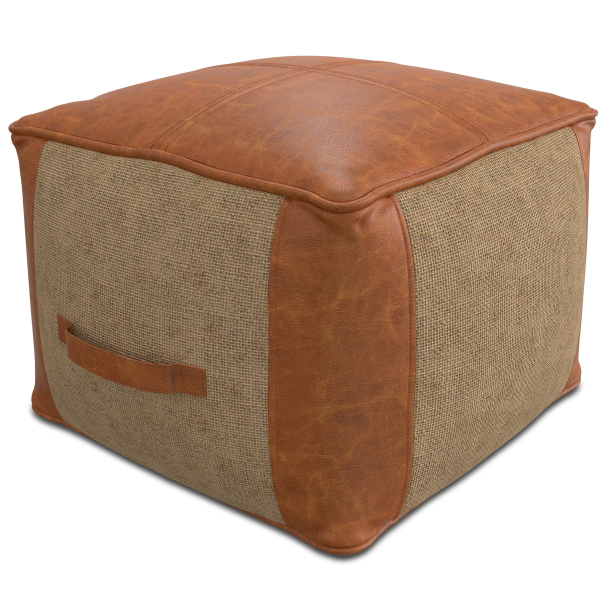 Top-Grain Leather Round Pouf Ottoman With Jute - Omega Lifestyles