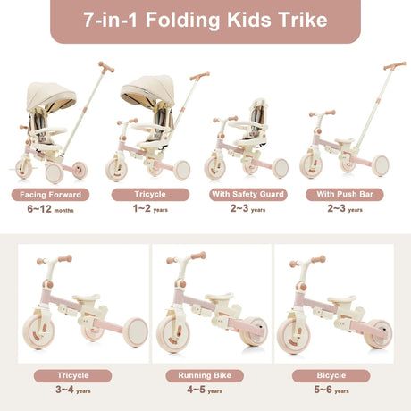 7-In-1 Foldable Aluminum Alloy Baby Tricycle With Canopy - Omega Lifestyles