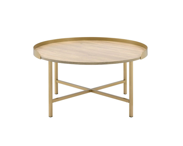 Contemporary Oak And Gold Round Tray Coffee Table - Omega Lifestyles