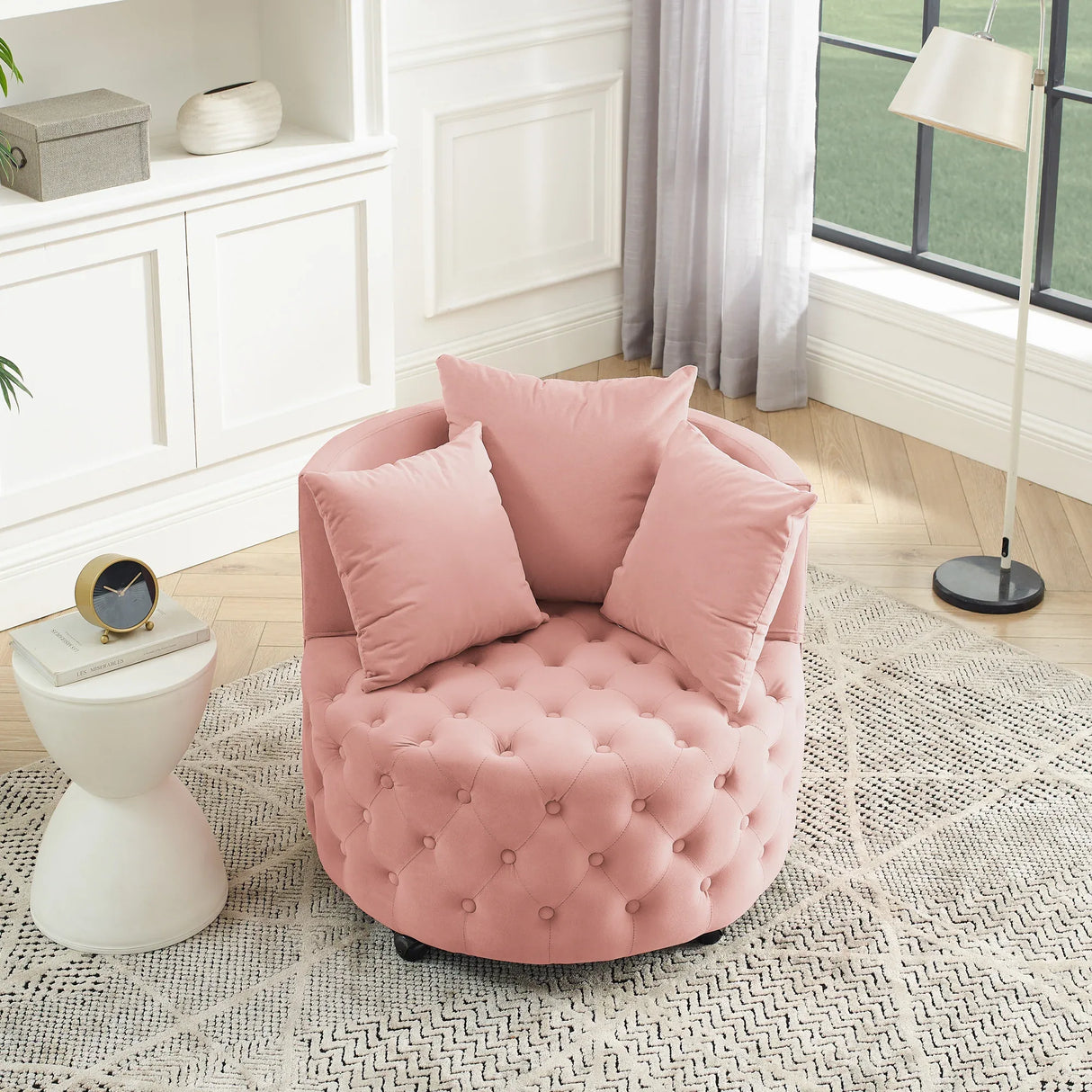 Pink Velvet Upholstered Swivel Chair With Movable Wheels - Omega Lifestyles