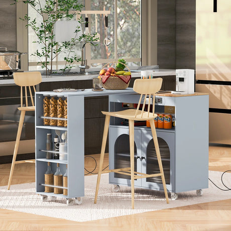 Rolling Kitchen Island With Extended Table Power Outlets LED Lights - Omega Lifestyles