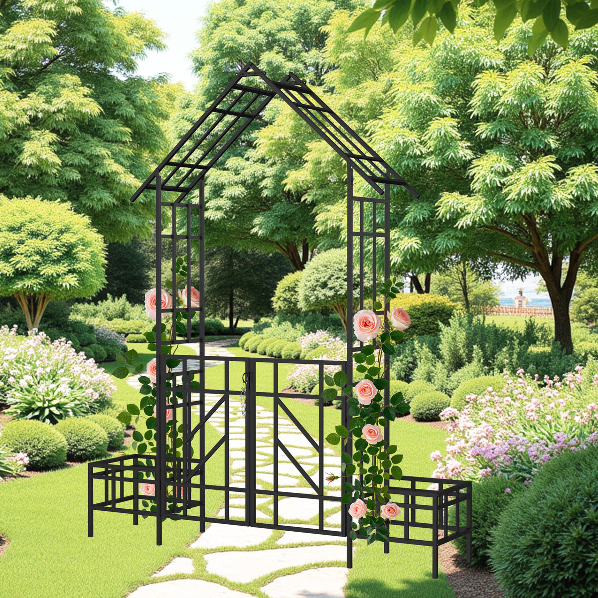 Black Iron Garden Arch With Gate And Planter
