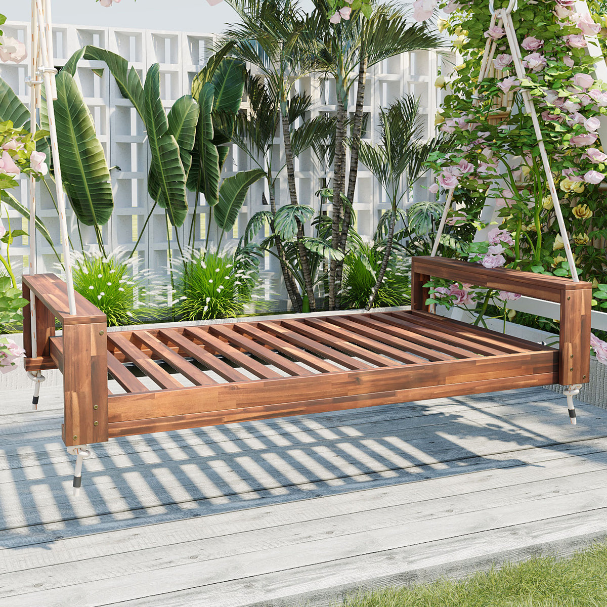 Twin Size Acacia Wood Porch Swing Bed With Hemp Ropes