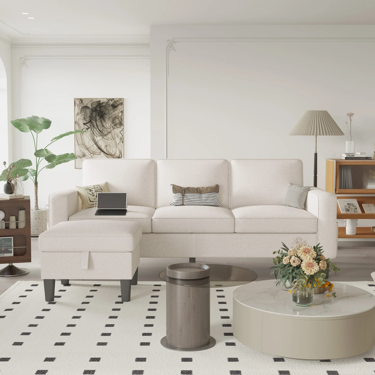 Beige Reversible Modular Sectional Sofa With Storage Ottoman - Omega Lifestyles