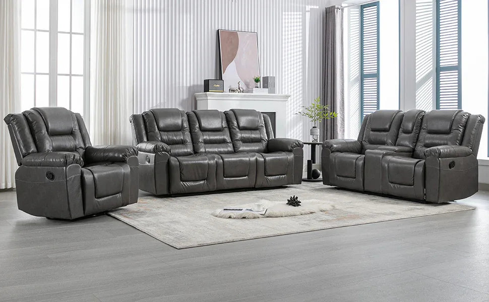 Grey Manual PU Upholstered Home Theater Recliner Chair Set - Omega Lifestyles