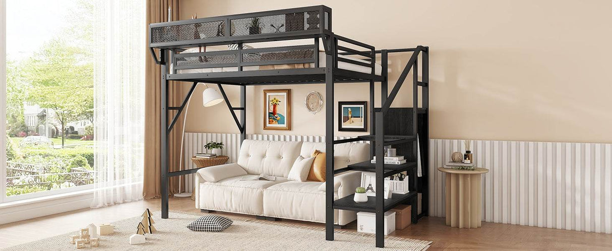 Twin Metal Loft Bed With Stairs Storage Shelves - Omega Lifestyles
