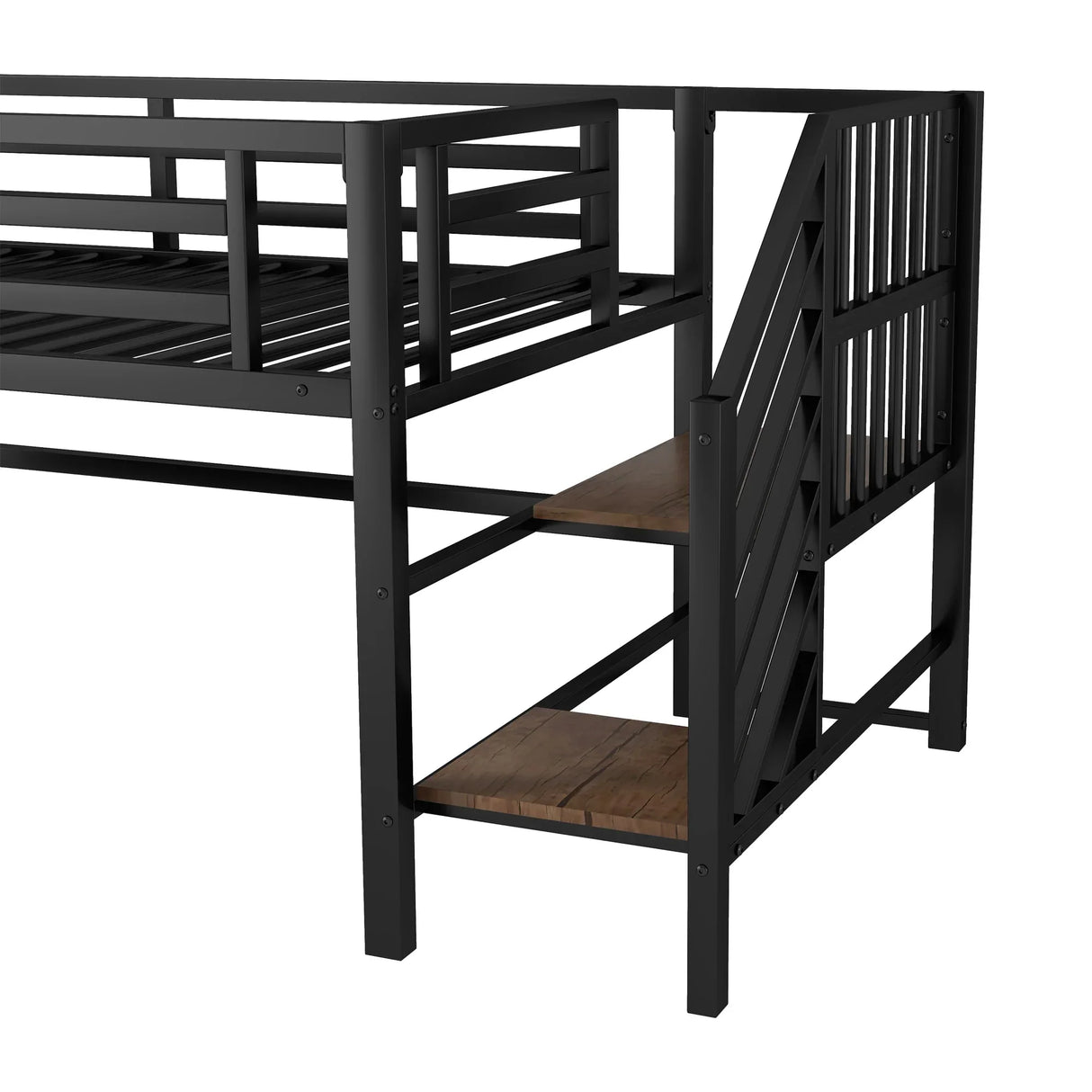 Twin Metal Low Loft Bed With Storage Cubby And Stairs - Omega Lifestyles