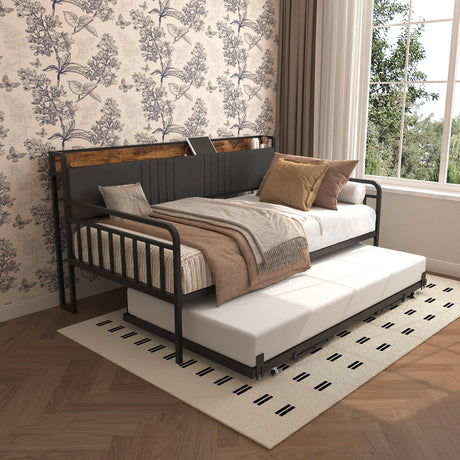 Twin Metal Frame Daybed With Trundle Upholstered Headboard Charging - Omega Lifestyles