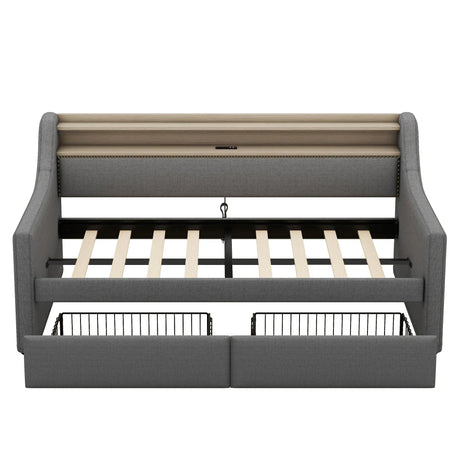 Twin Linen Upholstered Daybed With Storage Drawers Charging Station - Omega Lifestyles