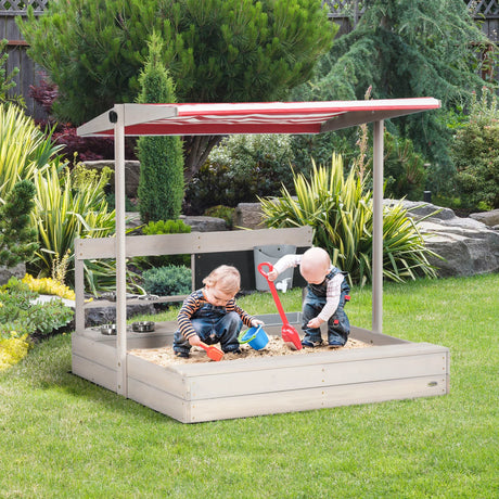 Adjustable Canopy Wooden Kids Sandbox With Kitchen Playset - Omega Lifestyles