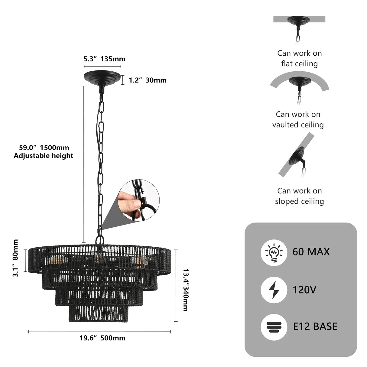 Rustic 4-Tier Black Hemp Rope Pendant Light Chandelier - Omega Lifestyles
