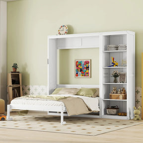 Queen Murphy Bed Wall Bed With Shelves White Solid Wood - Omega Lifestyles
