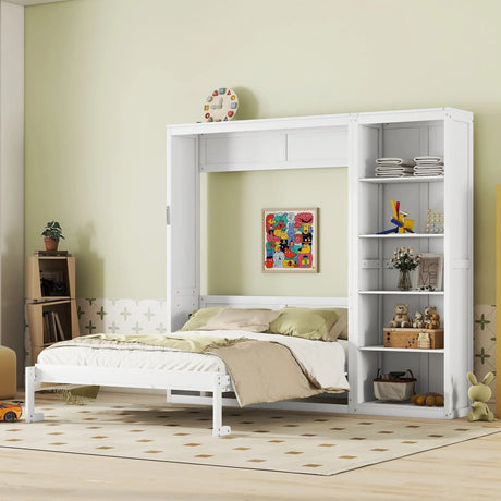 Queen Murphy Bed Wall Bed With Shelves White Solid Wood - Omega Lifestyles