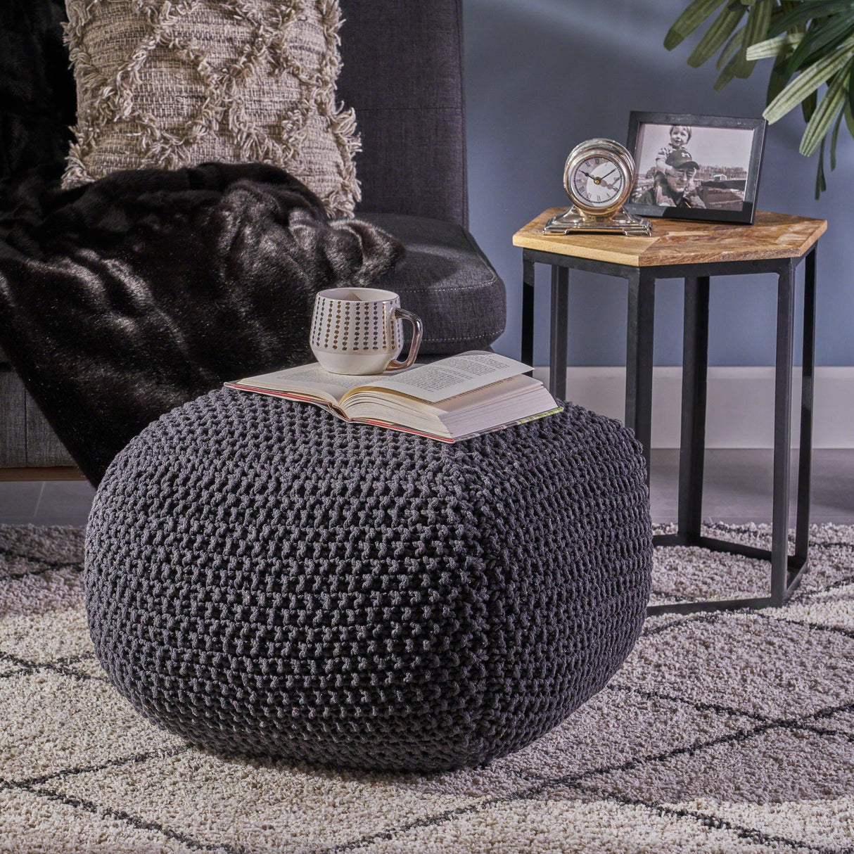 Cotton Knitted Square Dark Grey Pouf Cube - Omega Lifestyles