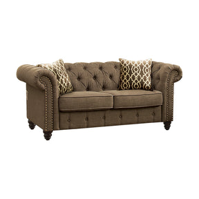 Brown Linen Tufted Loveseat With 2 Pillows - Omega Lifestyles