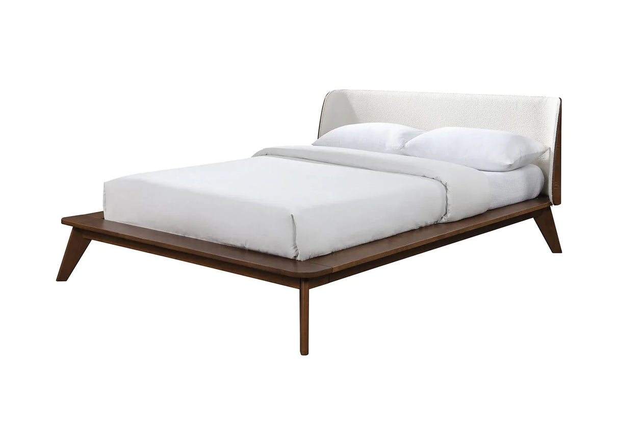 Queen Mid-Century Modern Walnut Fabric Winged Edge Bed Frame - Omega Lifestyles