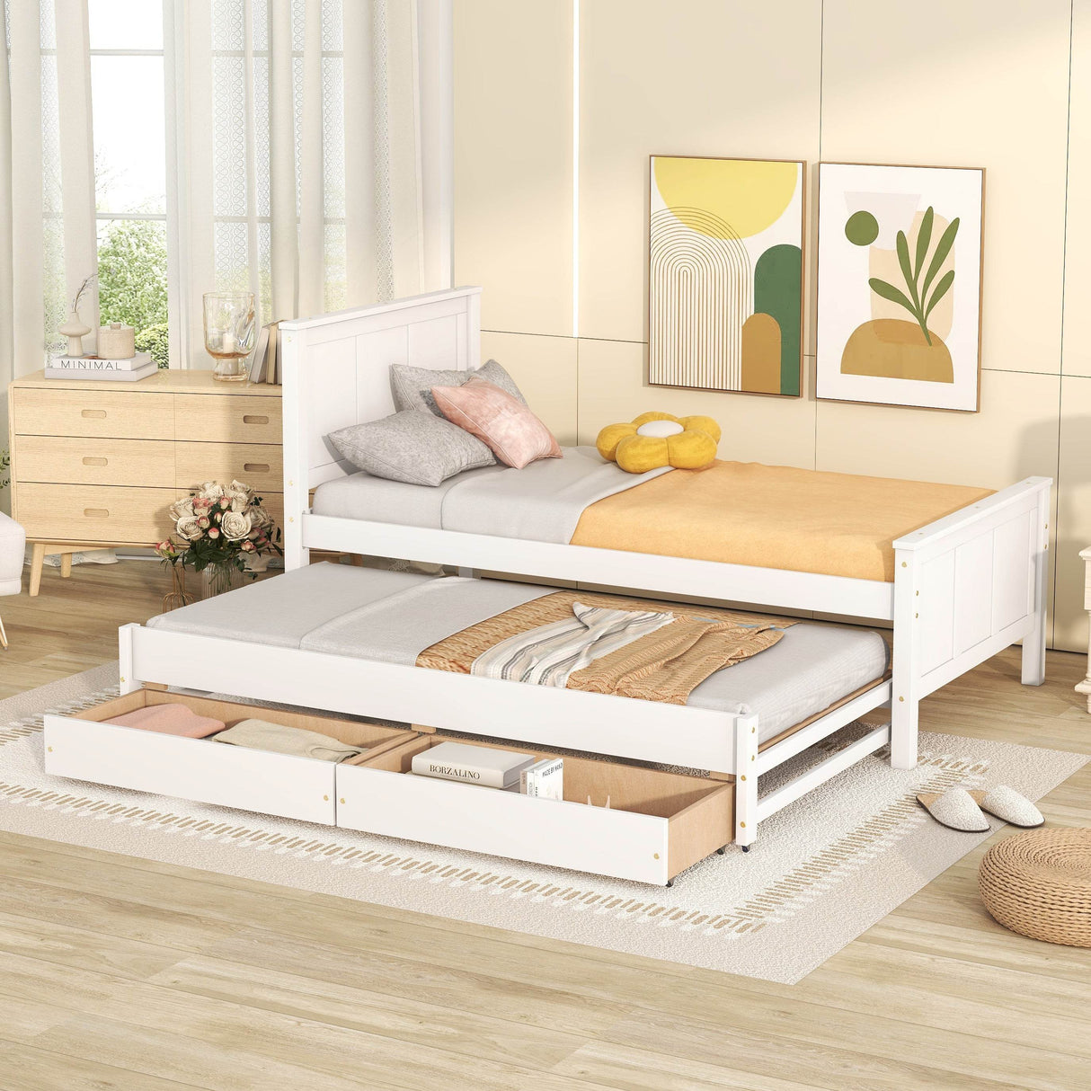Twin Platform Bed With Trundle And Storage Drawers - Omega Lifestyles