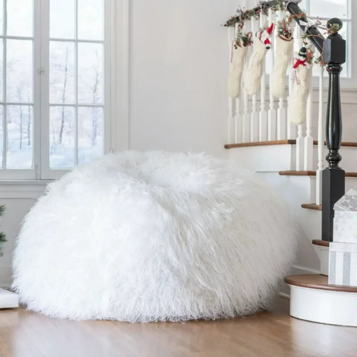 Cozy Rounded Faux Fur Foam Filled Bean Bag Chair - Omega Lifestyles