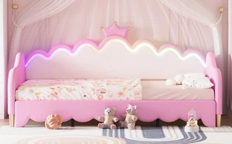 Twin Upholstered Extendable Daybed With Crown Headboard And LED Lights - Omega Lifestyles