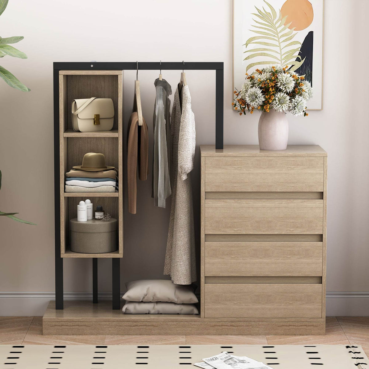 Natural MDF Metal Wardrobe With Drawers And Shelves