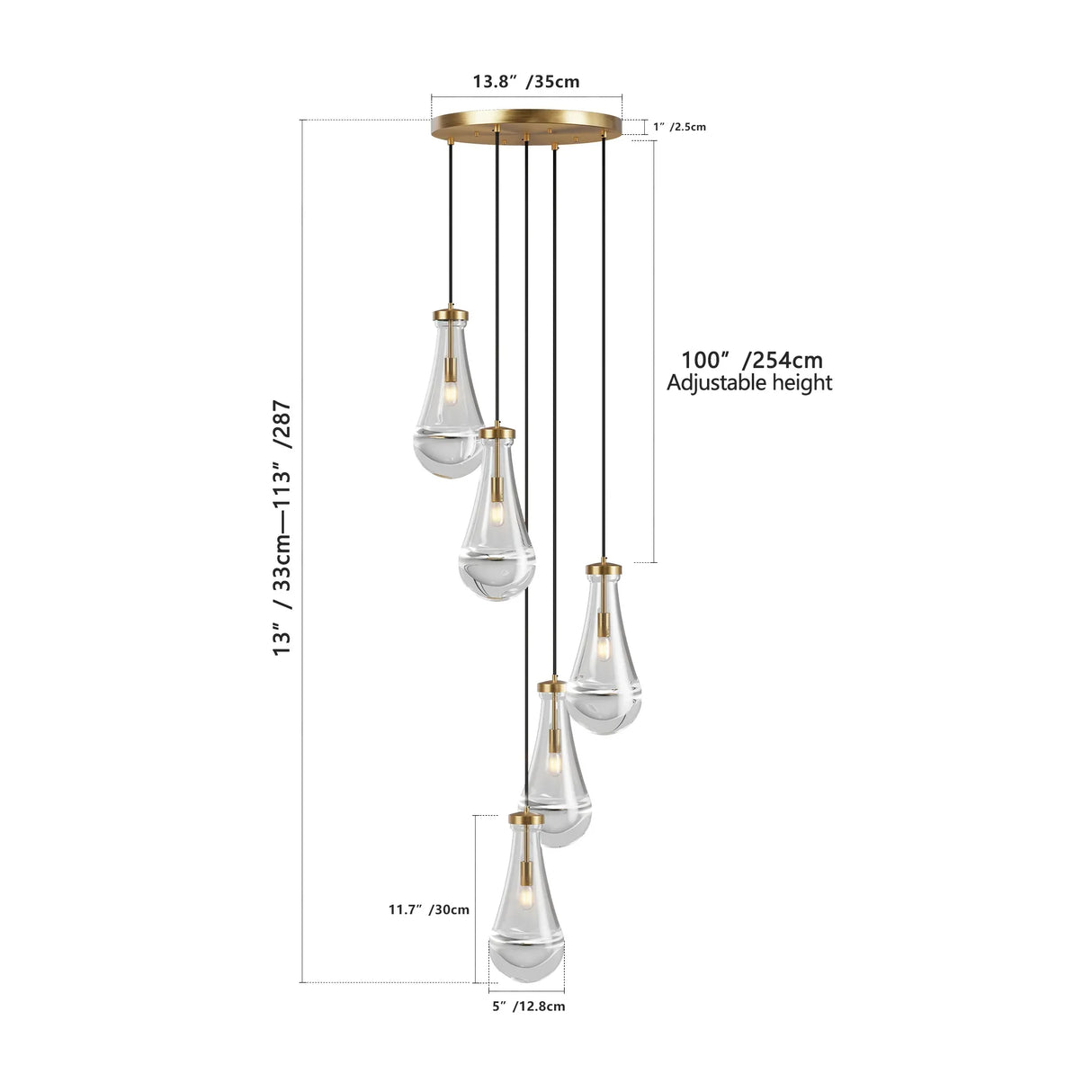 5-Light Brass Raindrop Glass Adjustable Pendant Chandelier - Omega Lifestyles