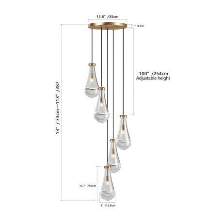 5-Light Brass Raindrop Glass Adjustable Pendant Chandelier - Omega Lifestyles
