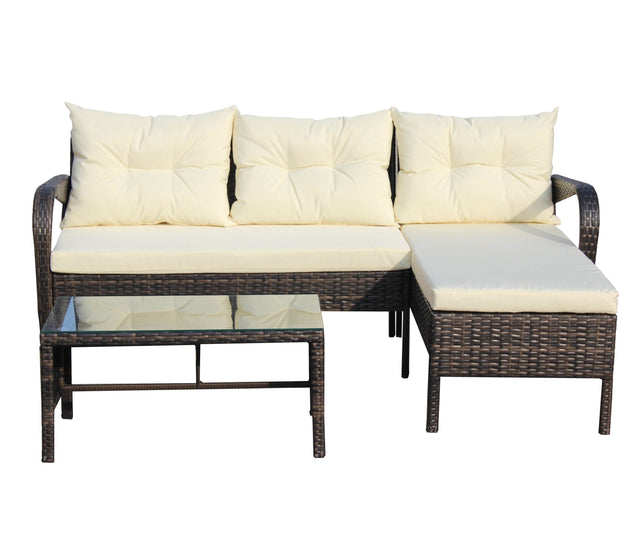3-Piece Outdoor Brown Rattan Conversation Sofa Set With Cushions - Omega Lifestyles