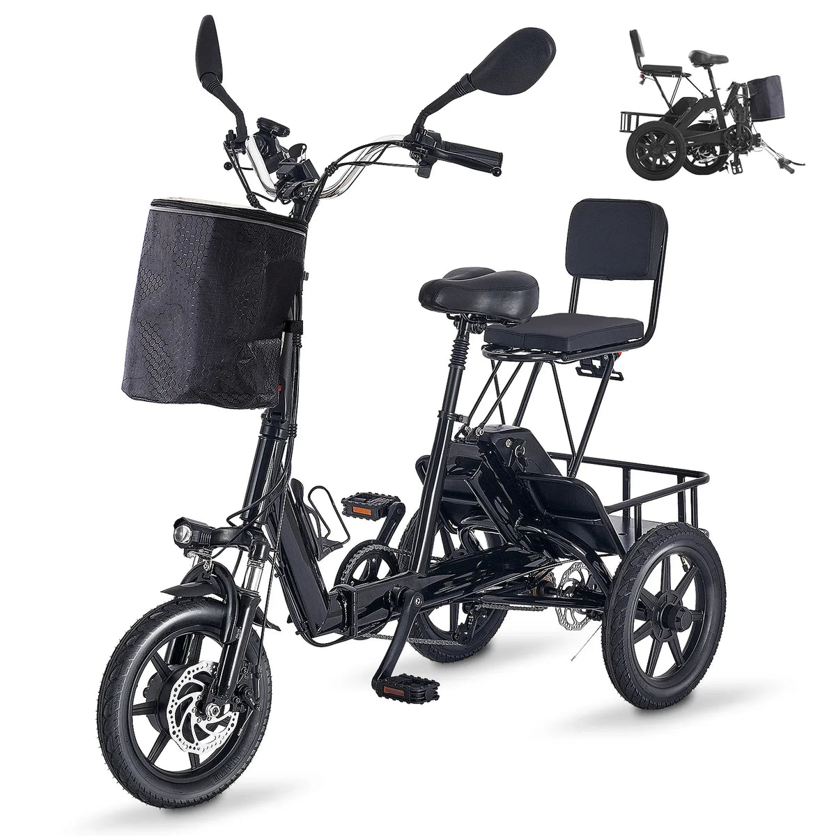 Adult Folding Electric 350W Motor 2-Seat Carbon Steel Trike - Omega Lifestyles
