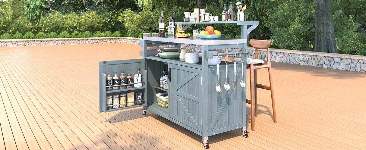 Outdoor Rolling Grill Cart With Raised Shelf Storage - Omega Lifestyles