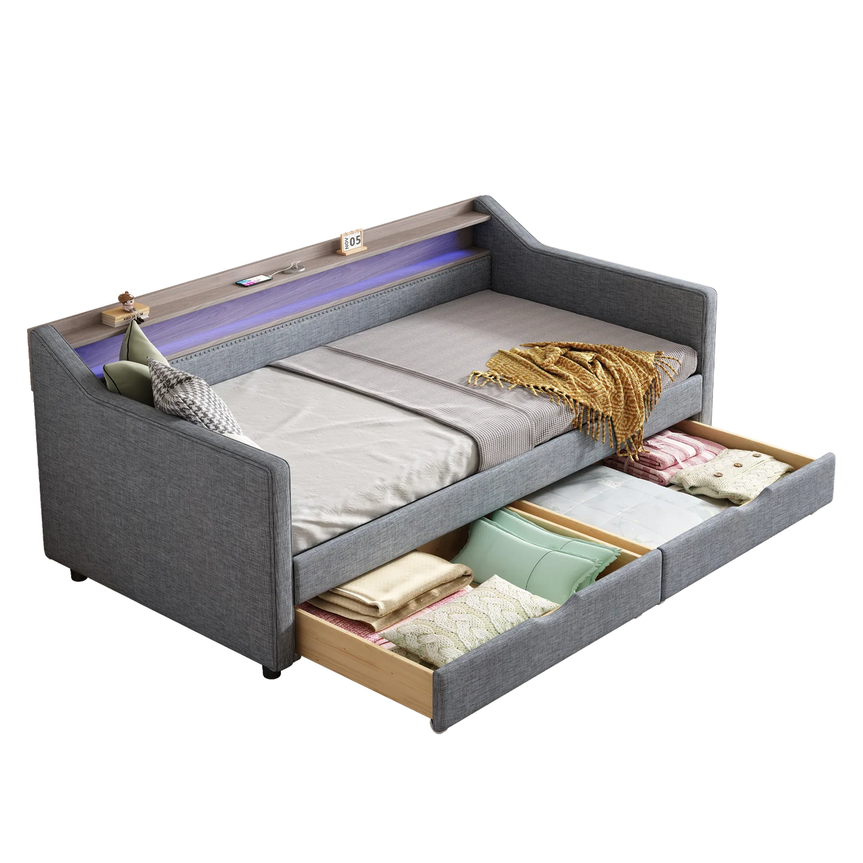 Twin Linen Upholstered Daybed Frame With Storage Drawers - Omega Lifestyles