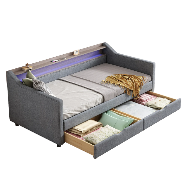 Twin Linen Upholstered Daybed Frame With Storage Drawers - Omega Lifestyles