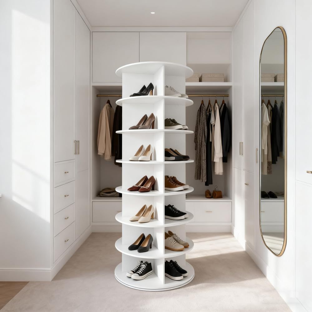 6-Tier Rotating White PVC Shoe Rack Tower Organizer