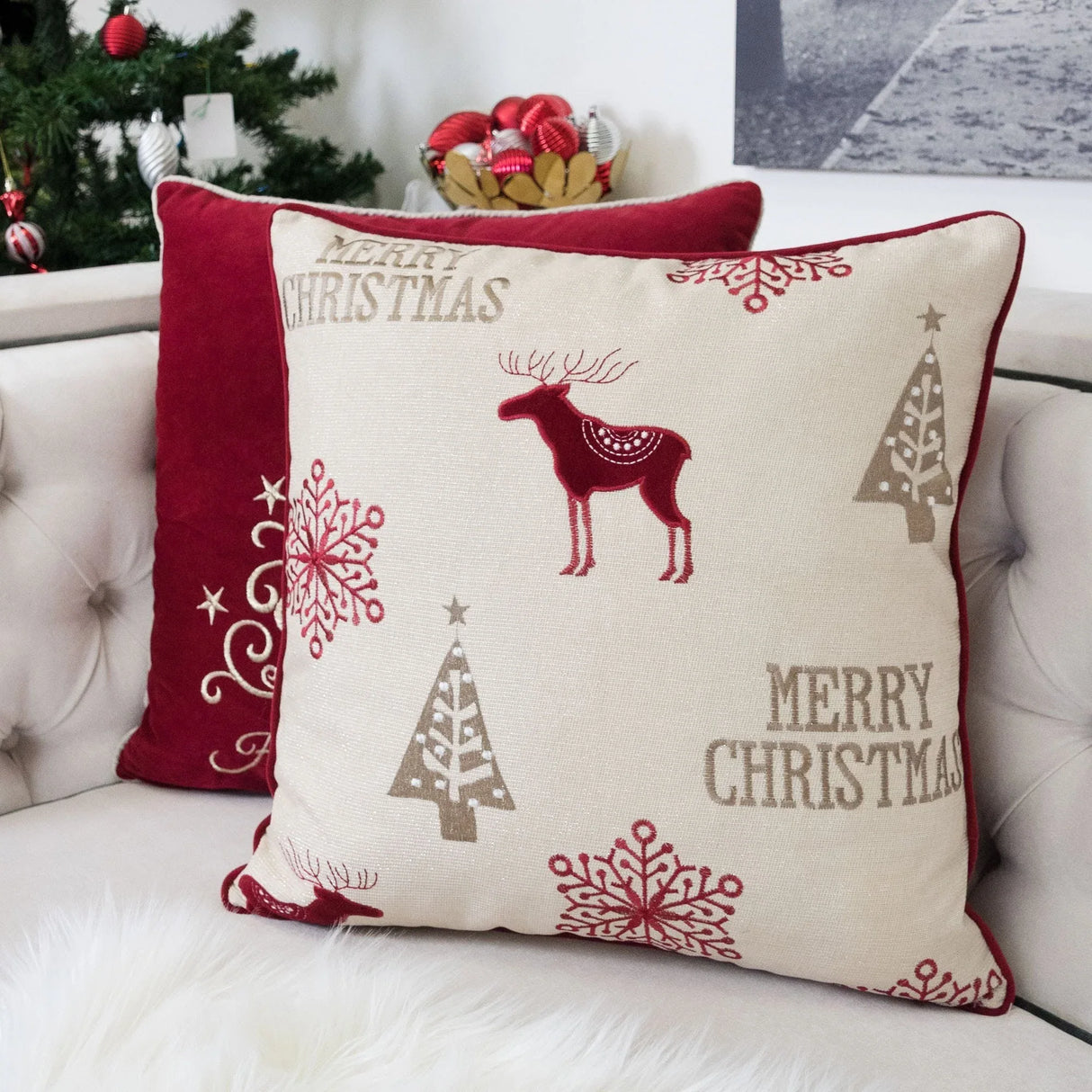 Merry Christmas Embroidered Poly Linen Throw Pillow 20x20-Inch - Omega Lifestyles