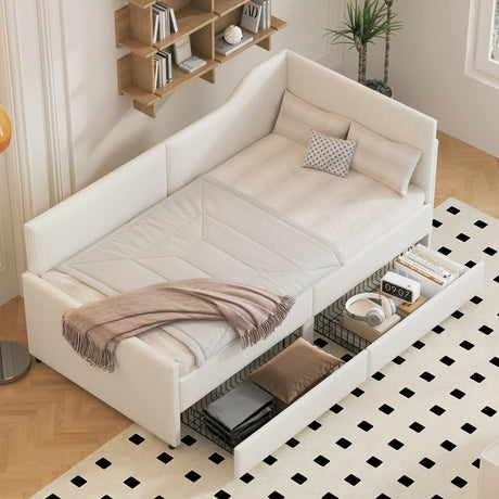 Twin L-Shaped Corduroy Upholstered Daybed With Storage Drawers - Omega Lifestyles
