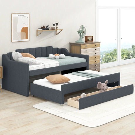 Twin Upholstered Linen-Blend Daybed With Trundle Drawers - Omega Lifestyles