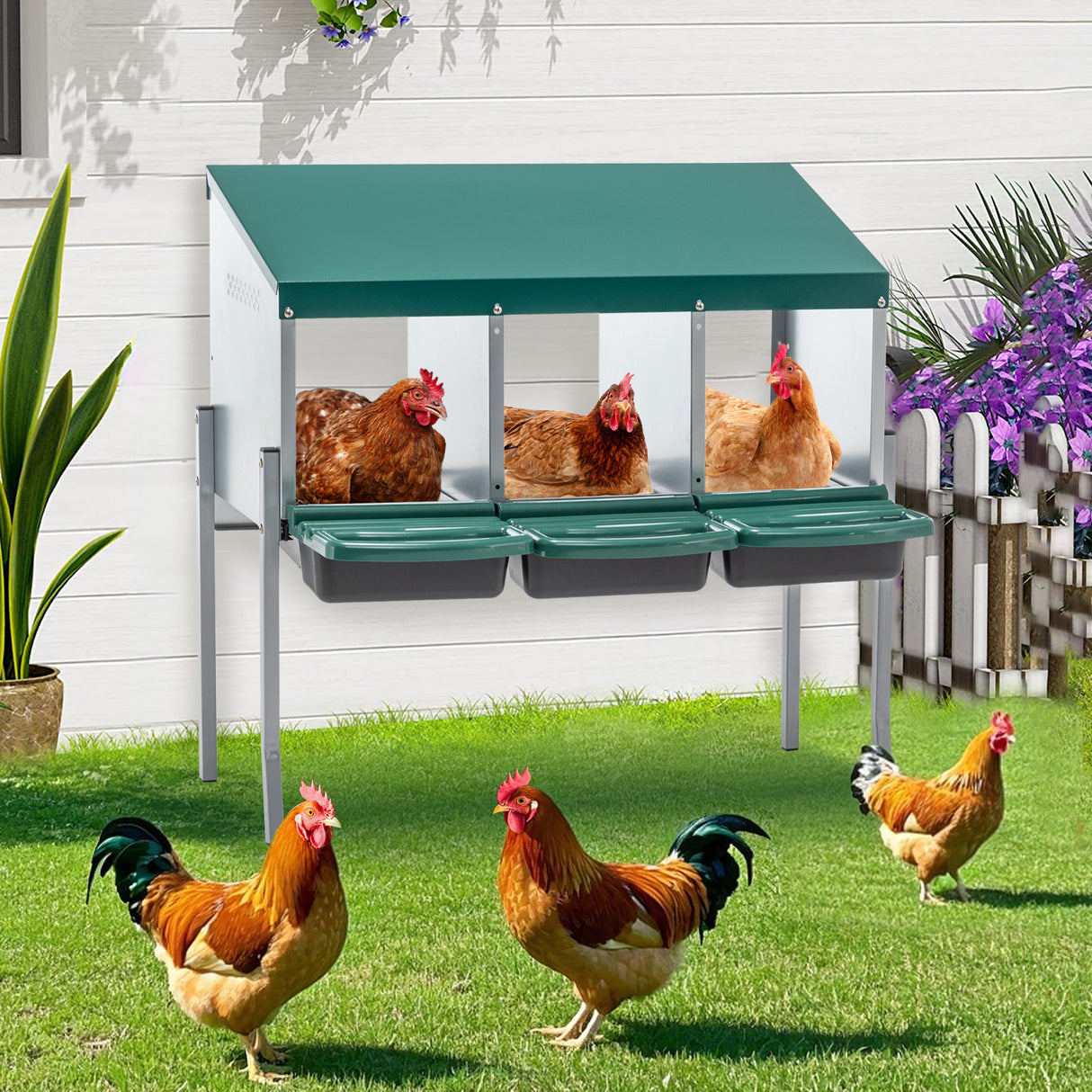 Triple Private Suites Metal Chicken Nesting Box With Legs