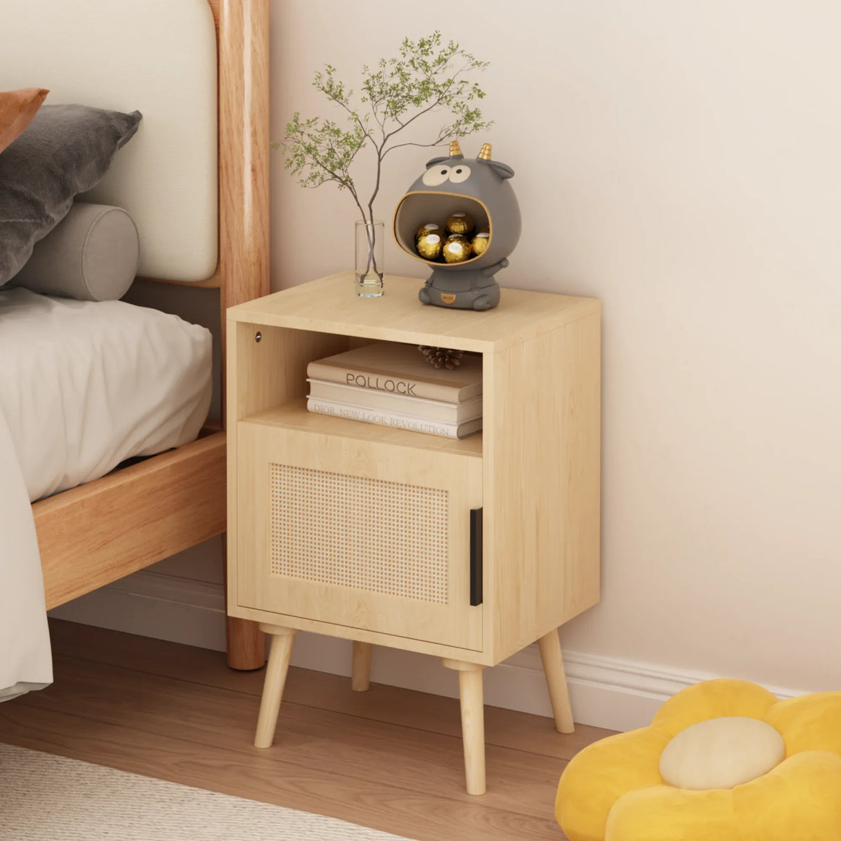 Oak Rattan Bedroom Nightstand With Solid Wood Legs - Omega Lifestyles