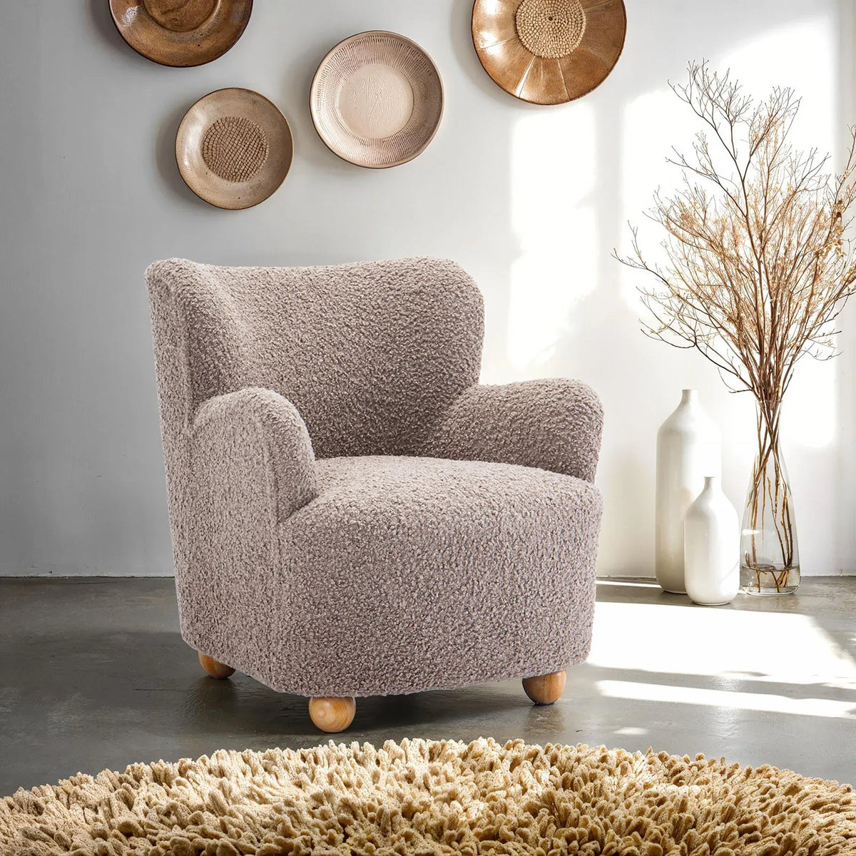Contemporary Mushroom Fabric Curved Backrest Accent Chair - Omega Lifestyles