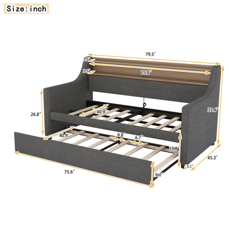 Twin Linen Upholstered Daybed With Trundle Charging Station - Omega Lifestyles