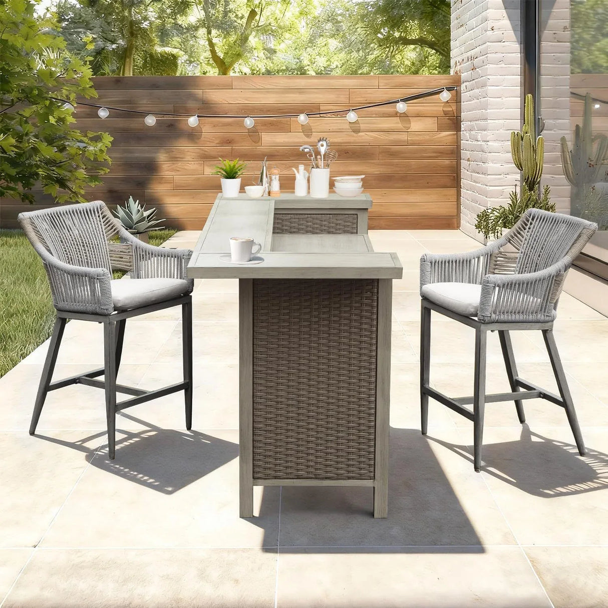 Outdoor Patio Aluminum Wicker Bar Table With Stools Set Of 3 - Omega Lifestyles