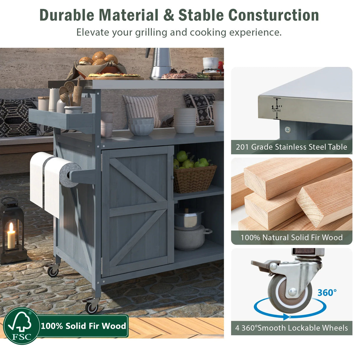 Farmhouse Solid Fir Wood Outdoor Kitchen Island Cart - Omega Lifestyles