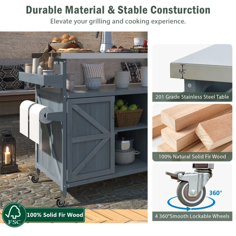 Farmhouse Solid Fir Wood Outdoor Kitchen Island Cart - Omega Lifestyles