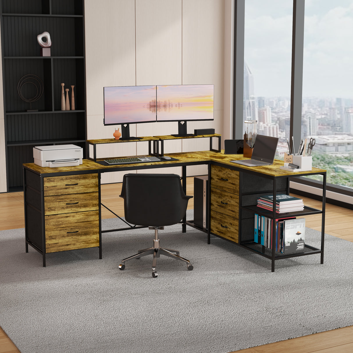 Industrial L-Shaped Office Desk With Power Hub