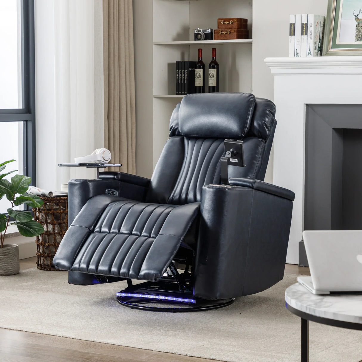 Power Swivel Blue PU Leather Recliner Chair With Tray Table - Omega Lifestyles
